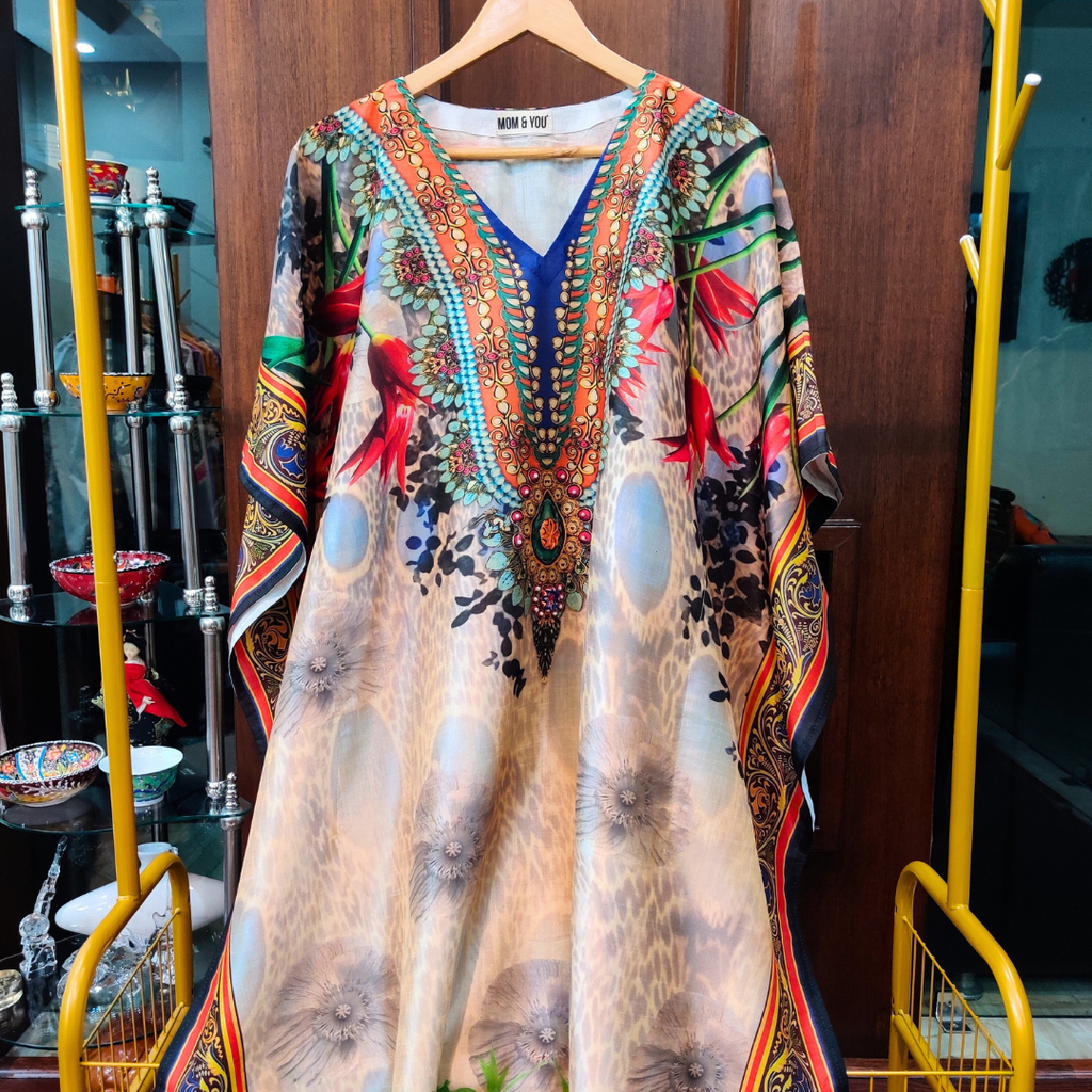 Cream Multi-Coloured Digital Printed Muslin Silk Stitched Kurta Kaftan