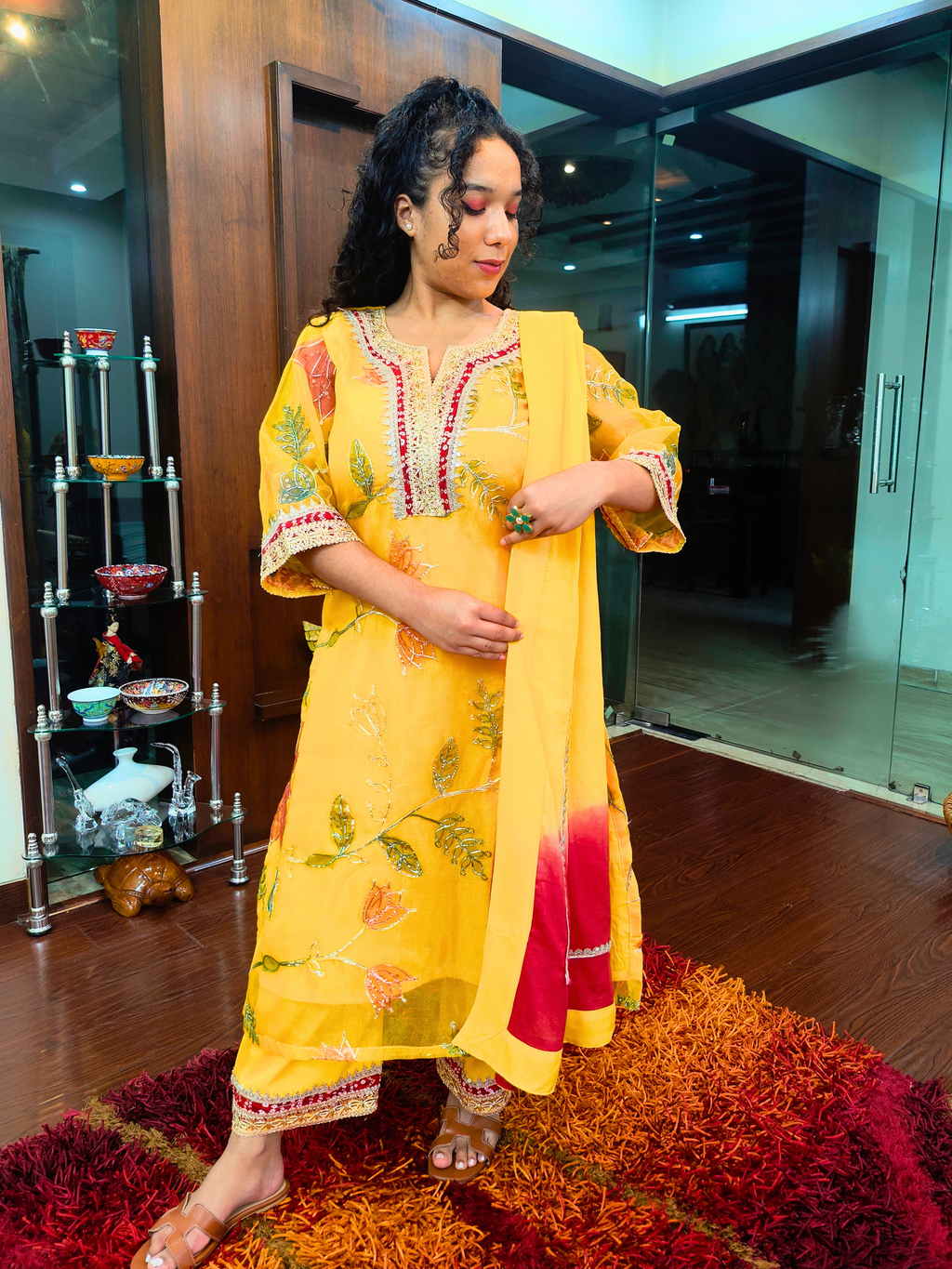 Yellow Organza Embroidered Golden Gota Stitched Suit Set