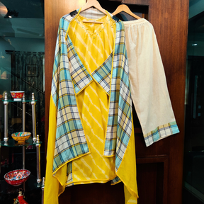 Yellow Tie Dye Checkred cotton Stitched Suit Set