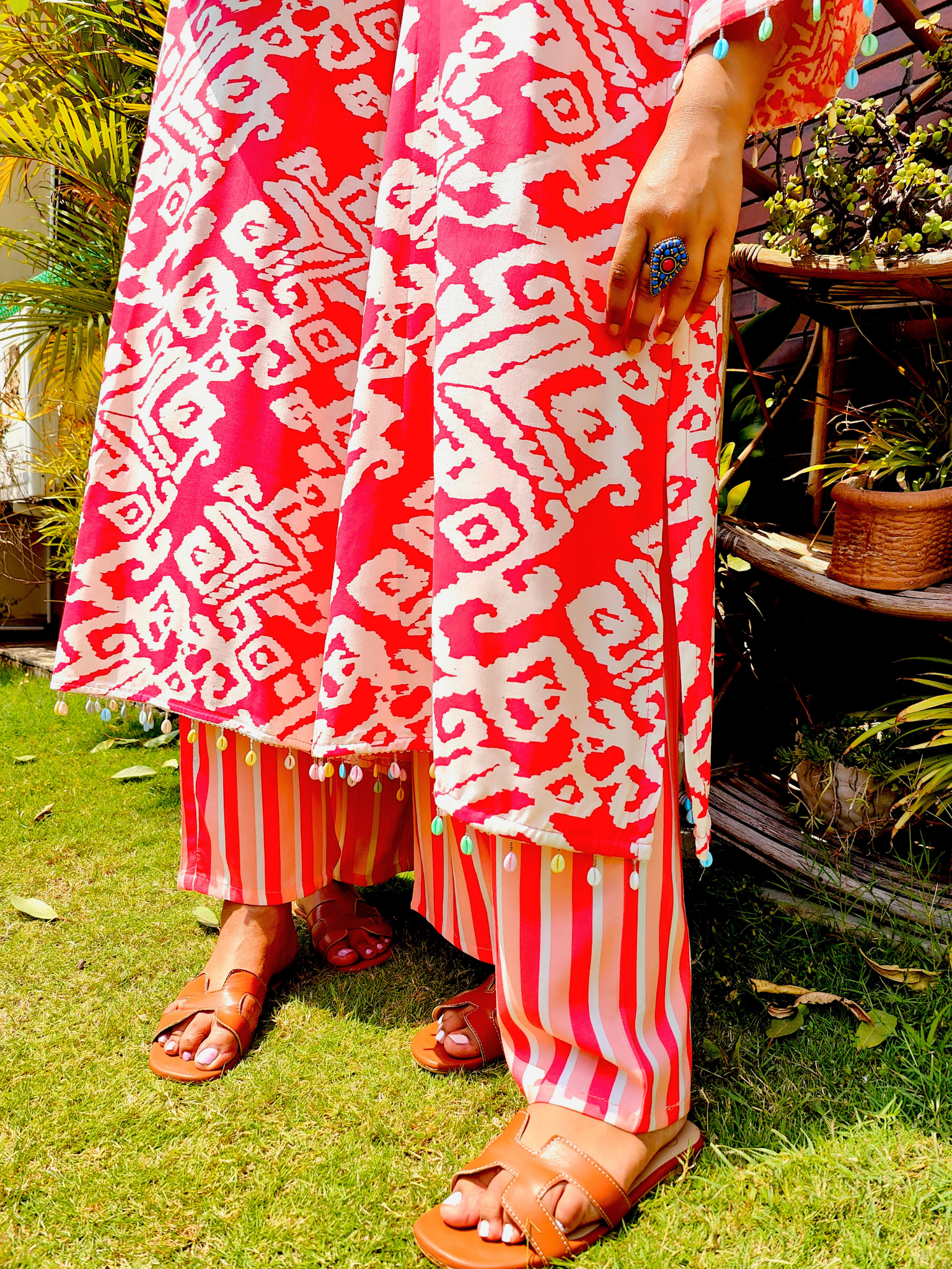 Peach Digital Printed Mirror Embroidered Cotton Stitched Co-Ord Set