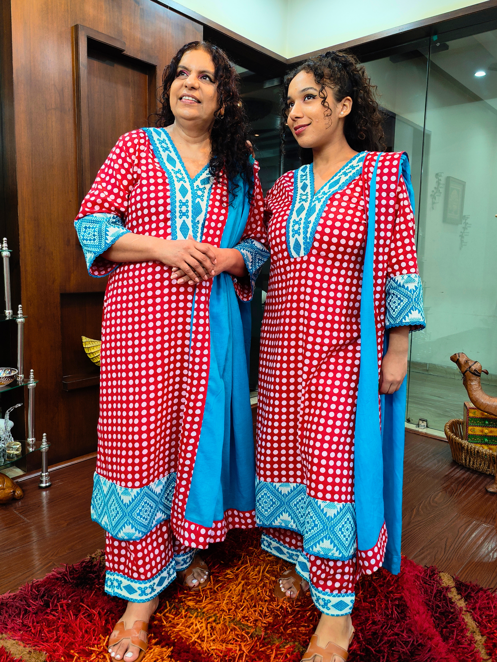 Red Polka Dot Embroidered Cotton Stitched Suit Set