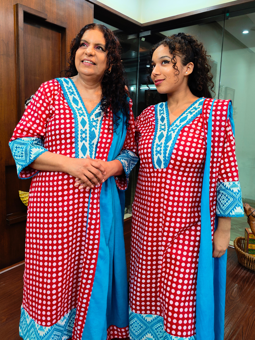 Red Polka Dot Embroidered Cotton Stitched Suit Set