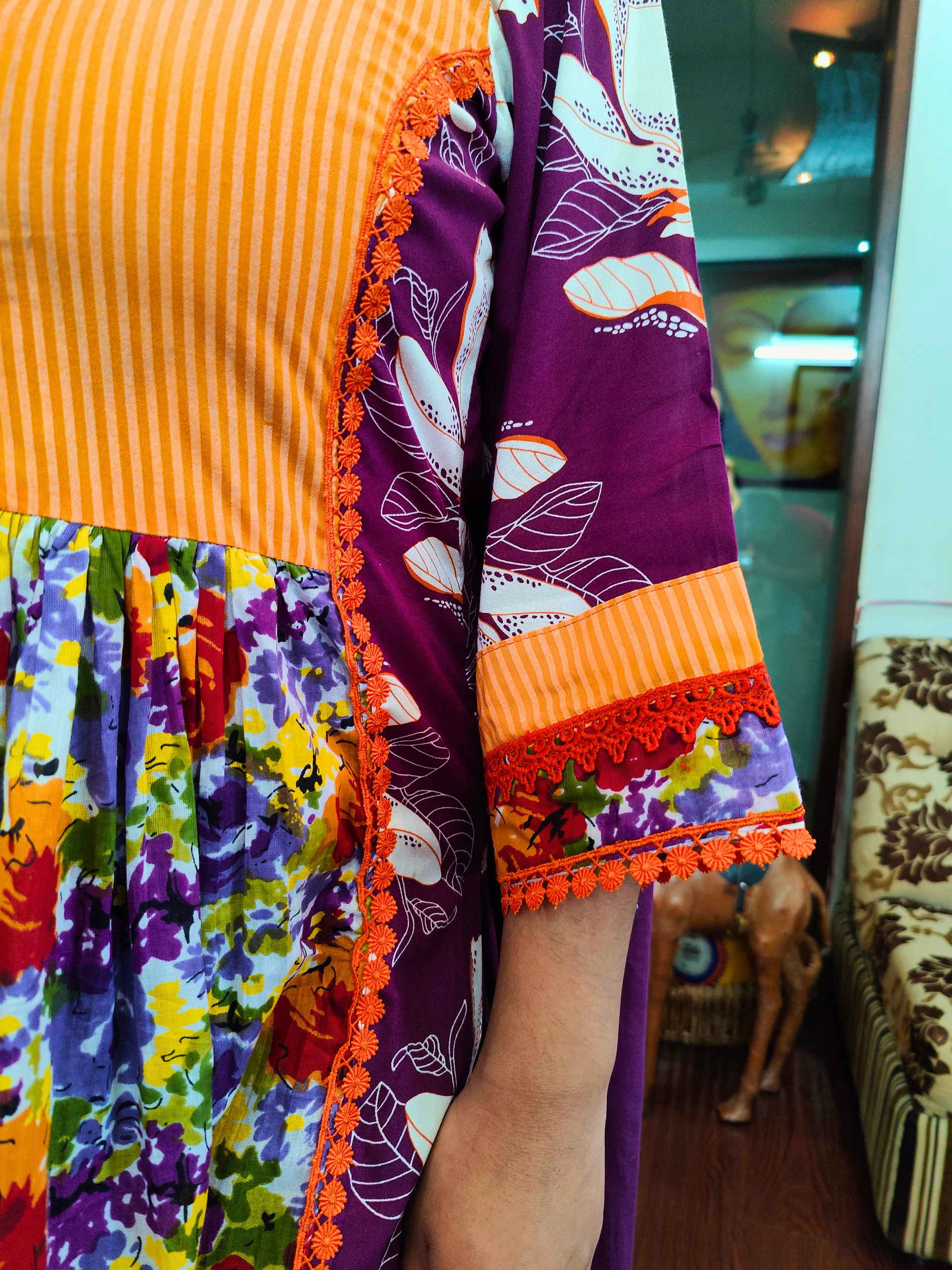 Purple Floral Handblock Orange Lace Cotton Stitched Suit Set