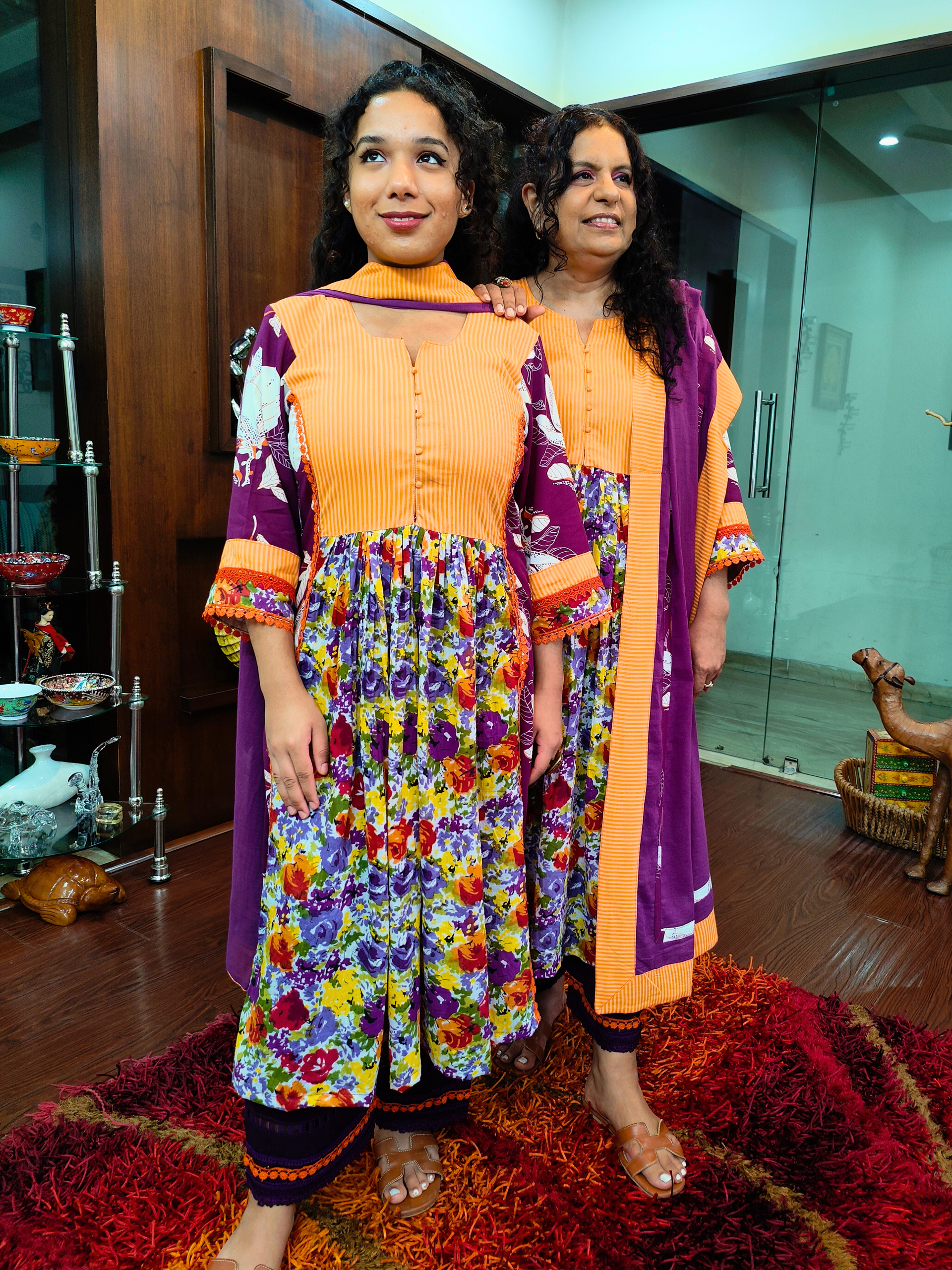 Purple Floral Handblock Orange Lace Cotton Stitched Suit Set