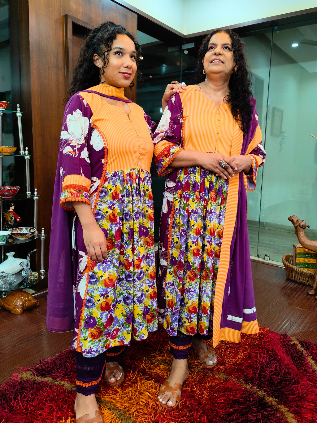 Purple Floral Handblock Orange Lace Cotton Stitched Suit Set