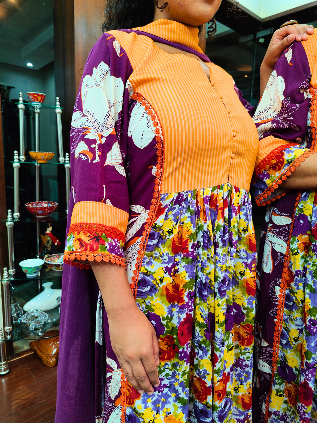 Purple Floral Handblock Orange Lace Cotton Stitched Suit Set