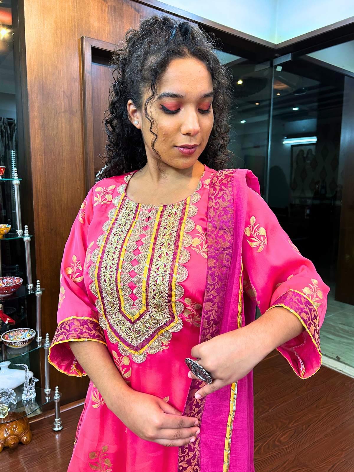 Magenta Silk Handblock Banarsi Gota Stitched Suit Set