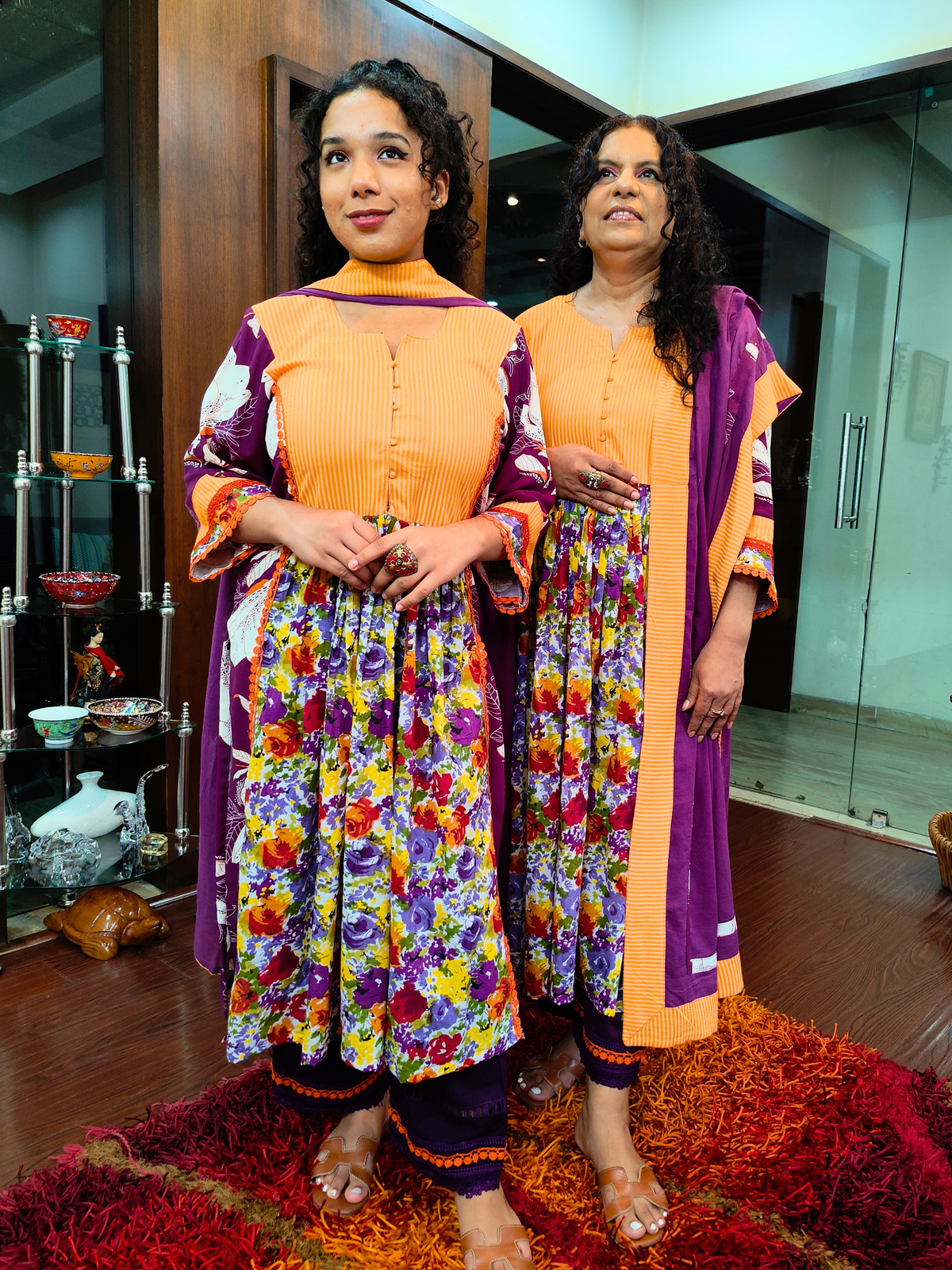 Purple Floral Handblock Orange Lace Cotton Stitched Suit Set