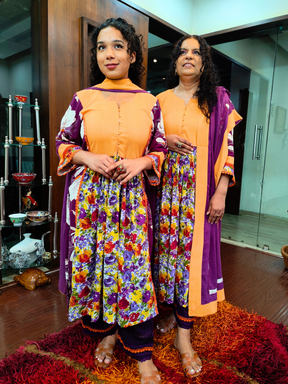 Purple Floral Handblock Orange Lace Cotton Stitched Suit Set