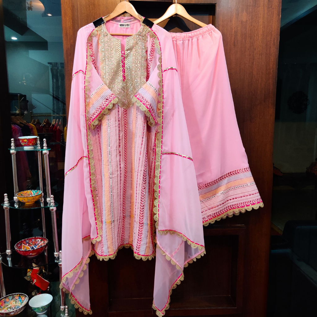 Pink Georgette Golden Gota Stitched Suit Set