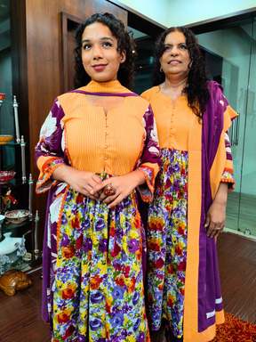 Purple Floral Handblock Orange Lace Cotton Stitched Suit Set