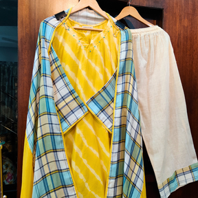 Yellow Tie Dye Checkred cotton Stitched Suit Set