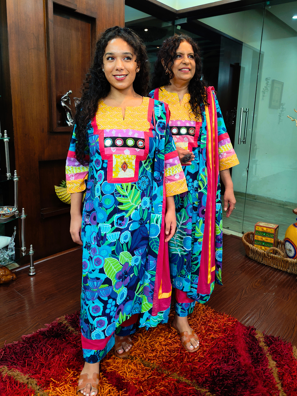 Blue Multi Coloured Mirror Embroidered Cotton Stitched Suit Set