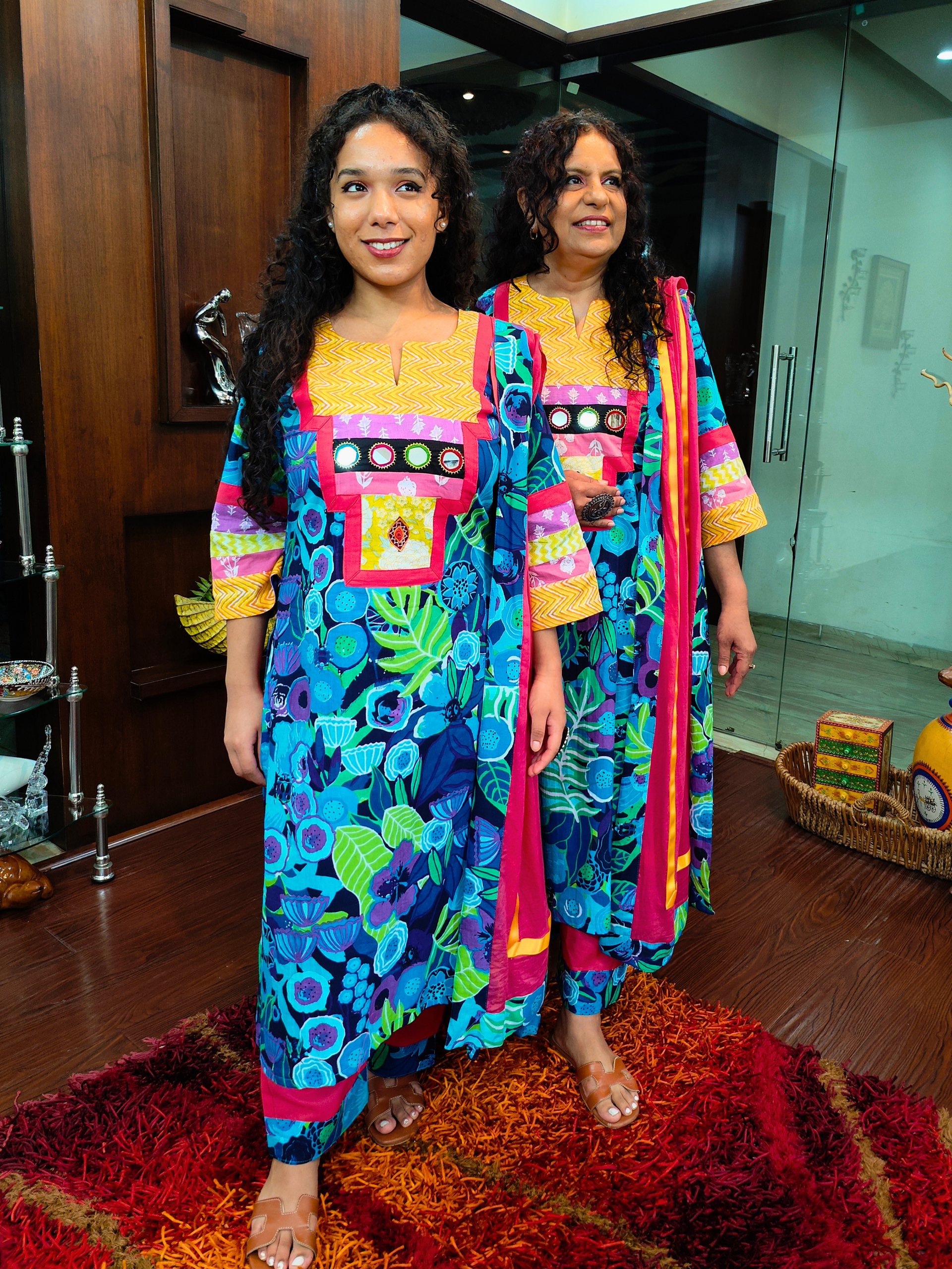 Blue Multi Coloured Mirror Embroidered Cotton Stitched Suit Set