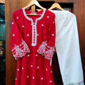 Red Embroidered Cotton Stitched Co-Ord Set