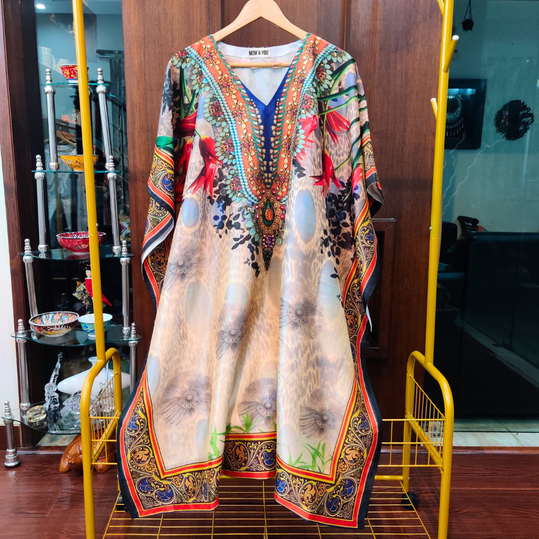 Cream Multi-Coloured Digital Printed Muslin Silk Stitched Kurta Kaftan