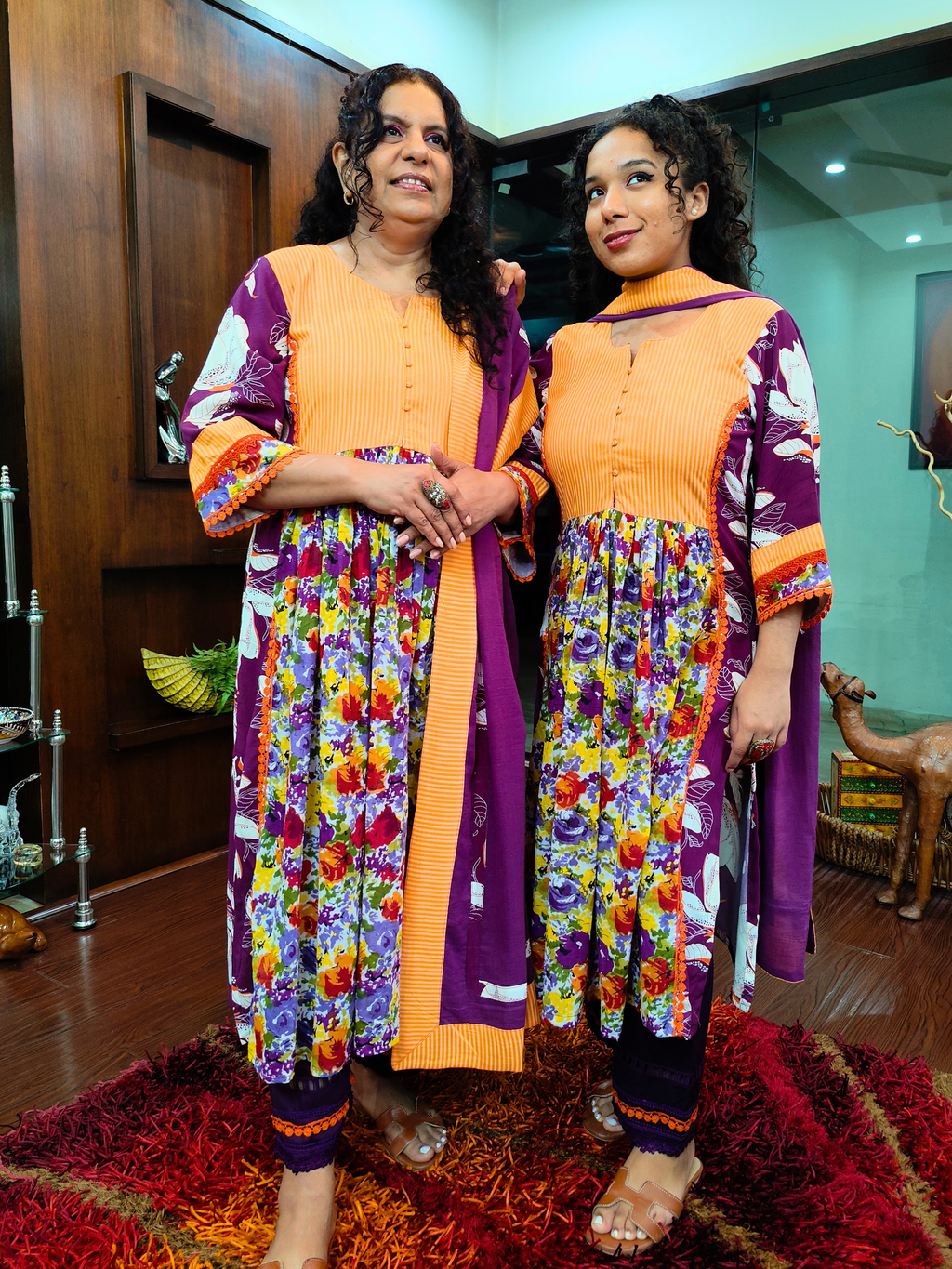 Purple Floral Handblock Orange Lace Cotton Stitched Suit Set