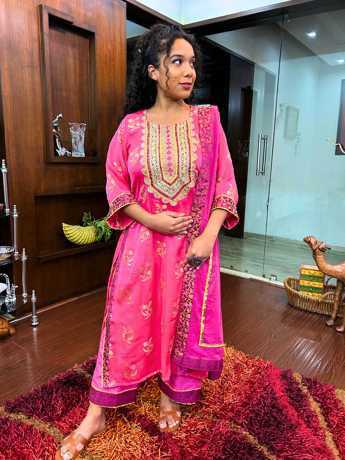 Magenta Silk Handblock Banarsi Gota Stitched Suit Set
