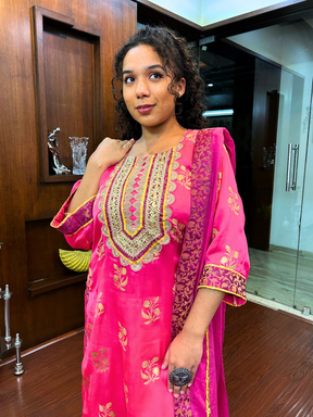 Magenta Silk Handblock Banarsi Gota Stitched Suit Set