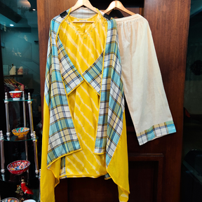 Yellow Tie Dye Checkred cotton Stitched Suit Set