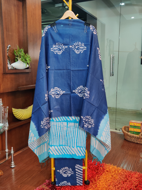 Sky Blue Batik Cotton Silk Unstitched Dress Material Suit Set