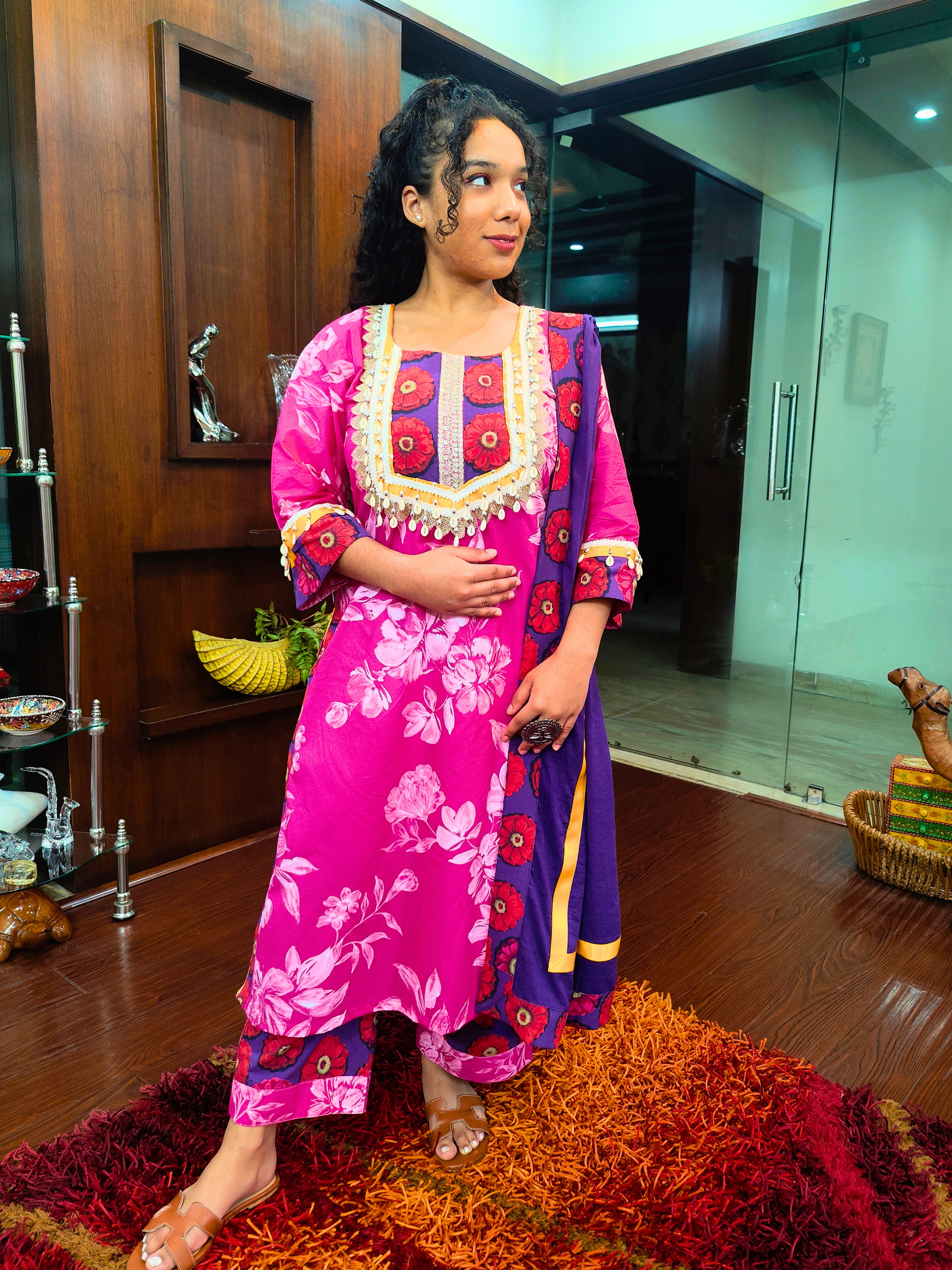 Magenta Digital Printed Yellow Gota Cotton Stitched Suit Set