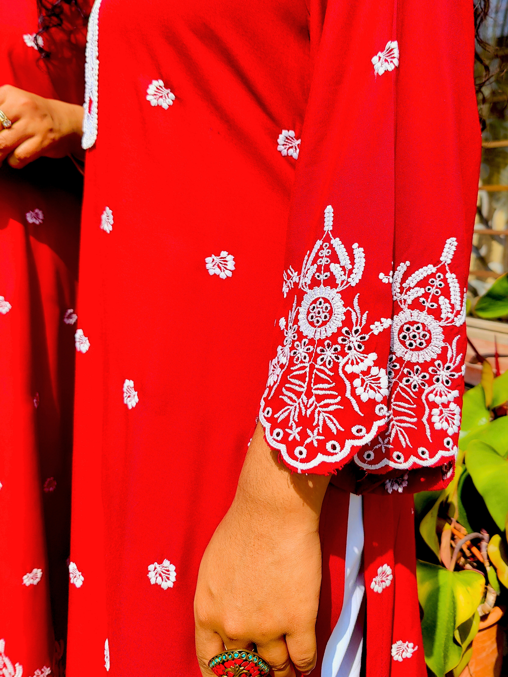 Red Embroidered Cotton Stitched Co-Ord Set