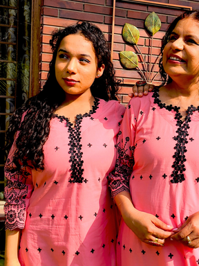 Peach Black Embroidered Cotton Stitched Co-Ord Set