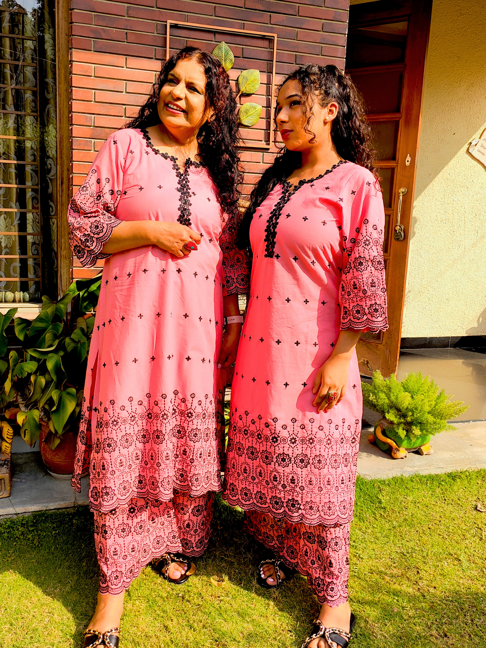 Peach Black Embroidered Cotton Stitched Co-Ord Set