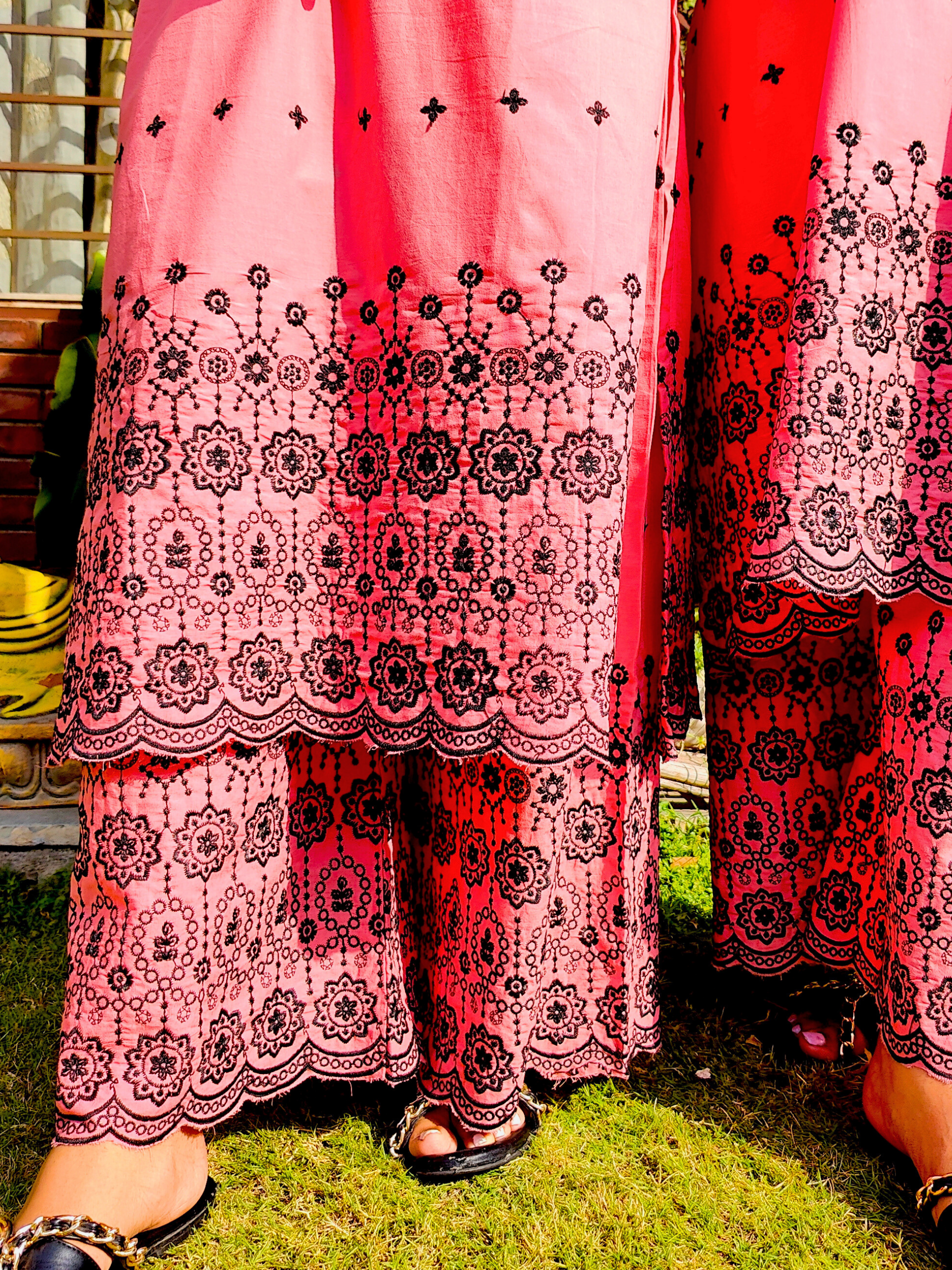 Peach Black Embroidered Cotton Stitched Co-Ord Set
