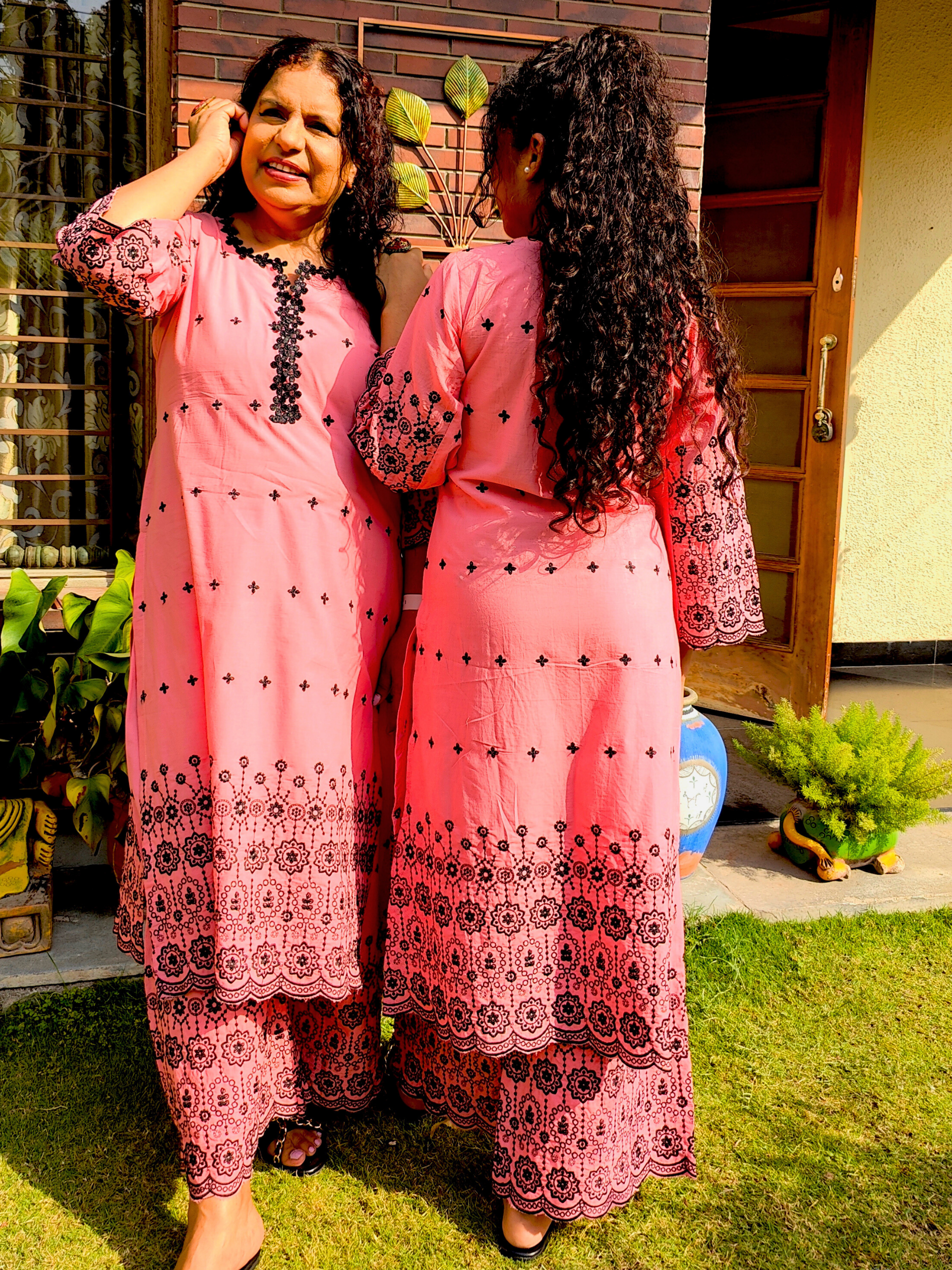 Peach Black Embroidered Cotton Stitched Co-Ord Set