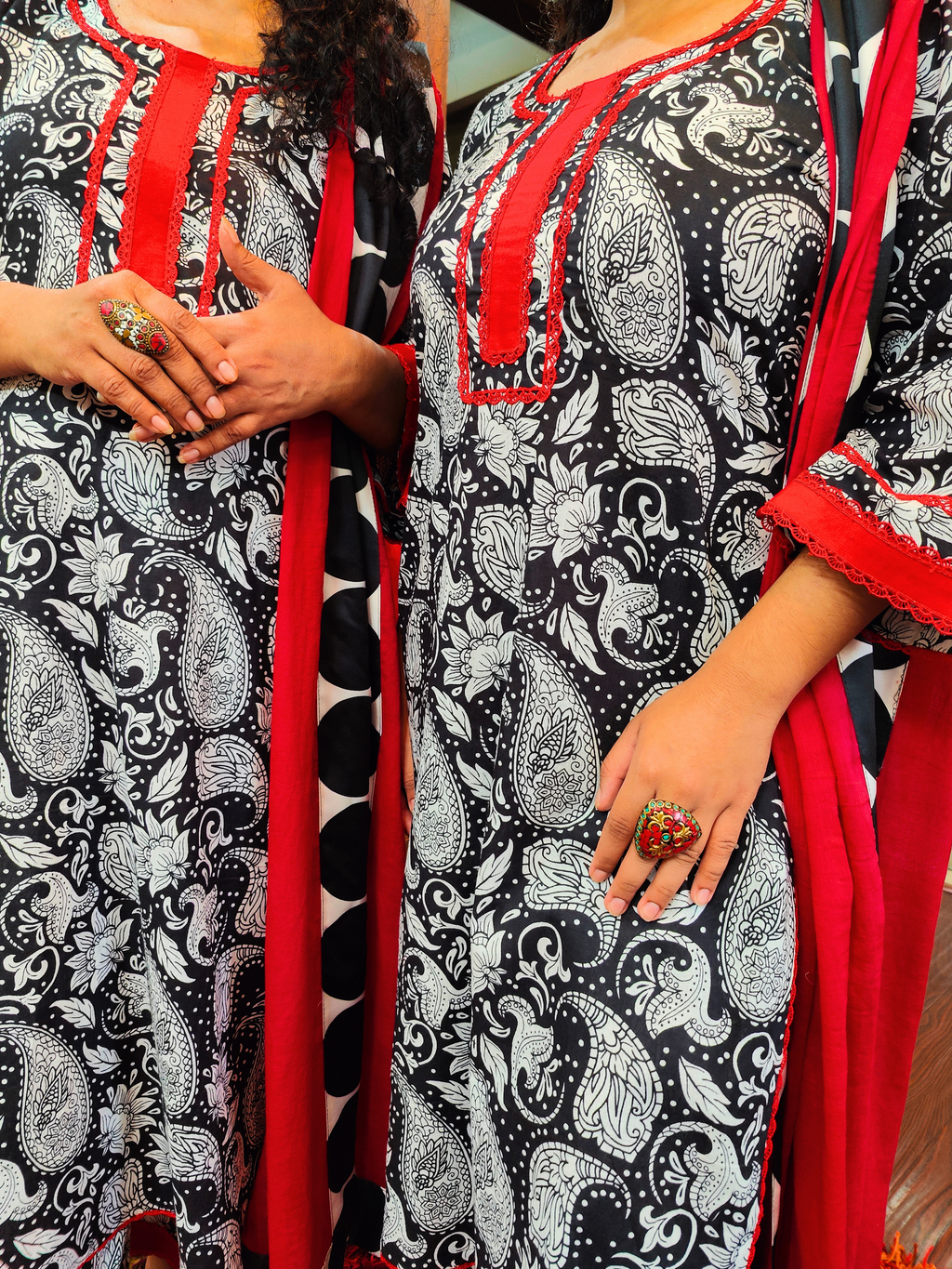 Black Pasiley Handblock Red Lace Cotton Stitched Suit Set