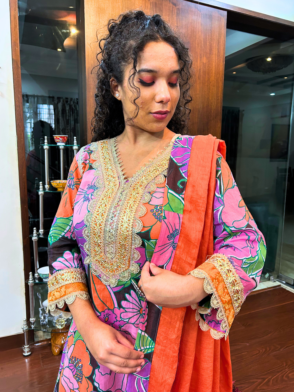 Black Multi Coloured Floral Golden Gota Cotton Stitched Suit Set