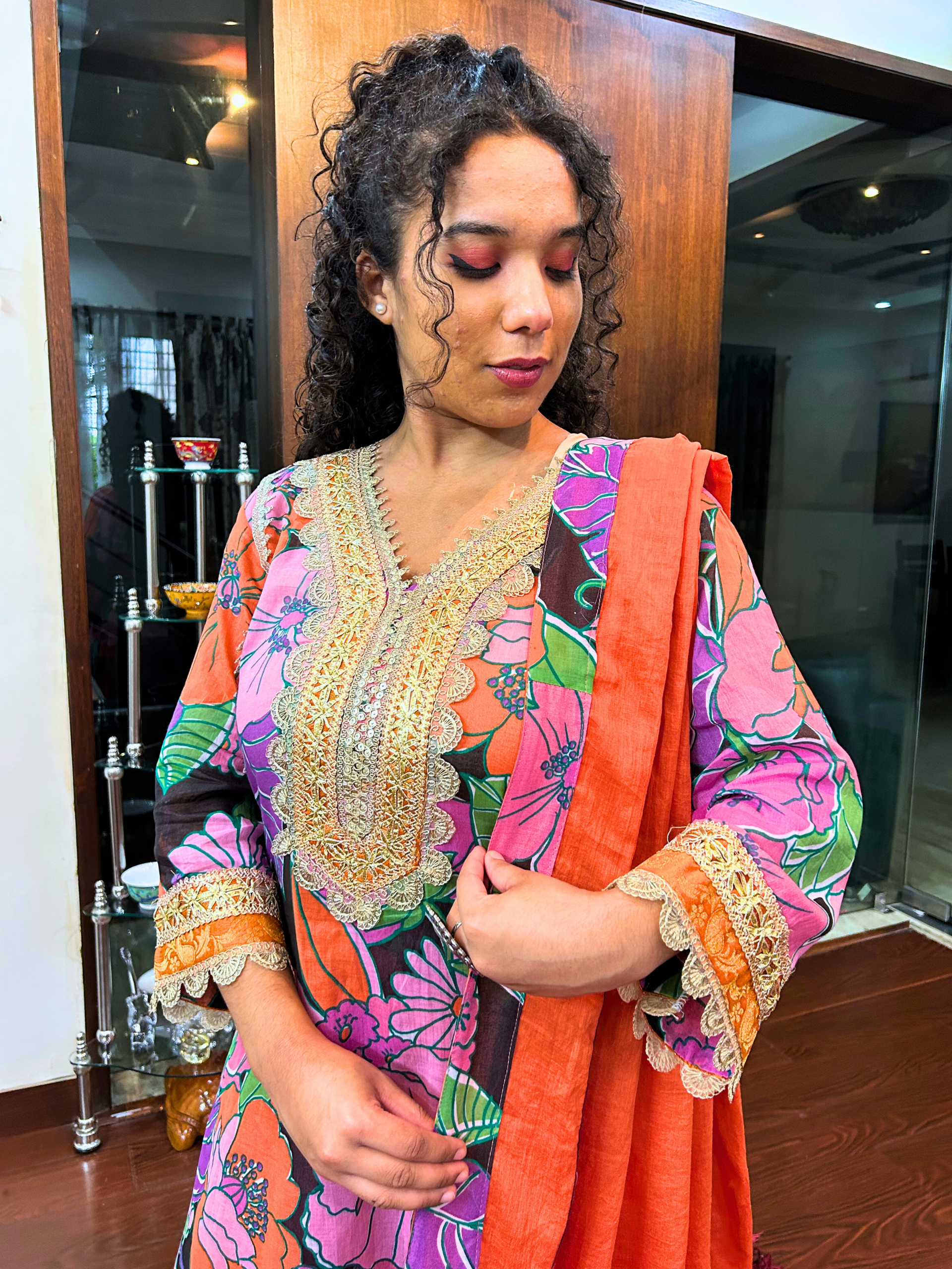 Black Multi Coloured Floral Golden Gota Cotton Stitched Suit Set