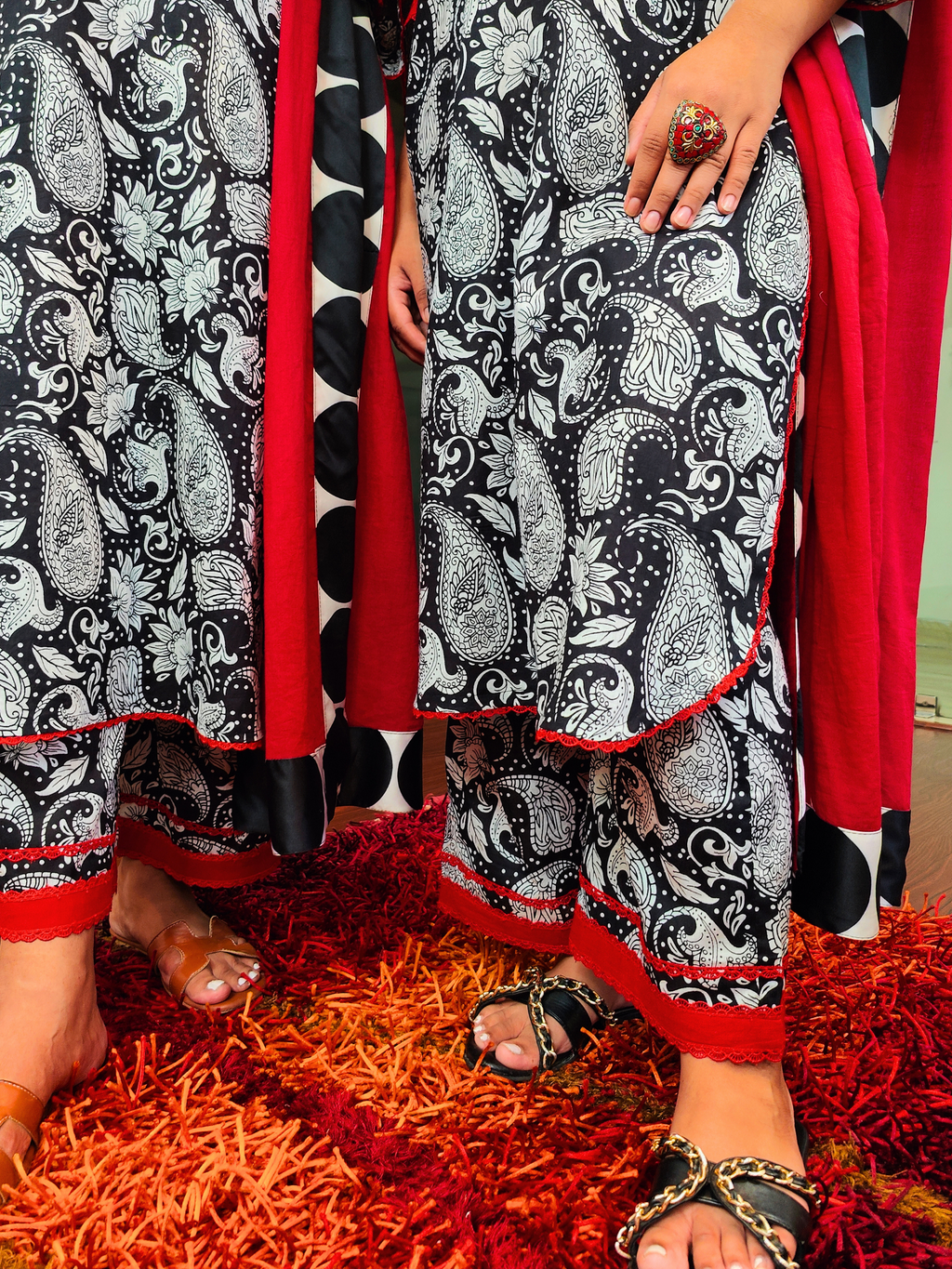 Black Pasiley Handblock Red Lace Cotton Stitched Suit Set