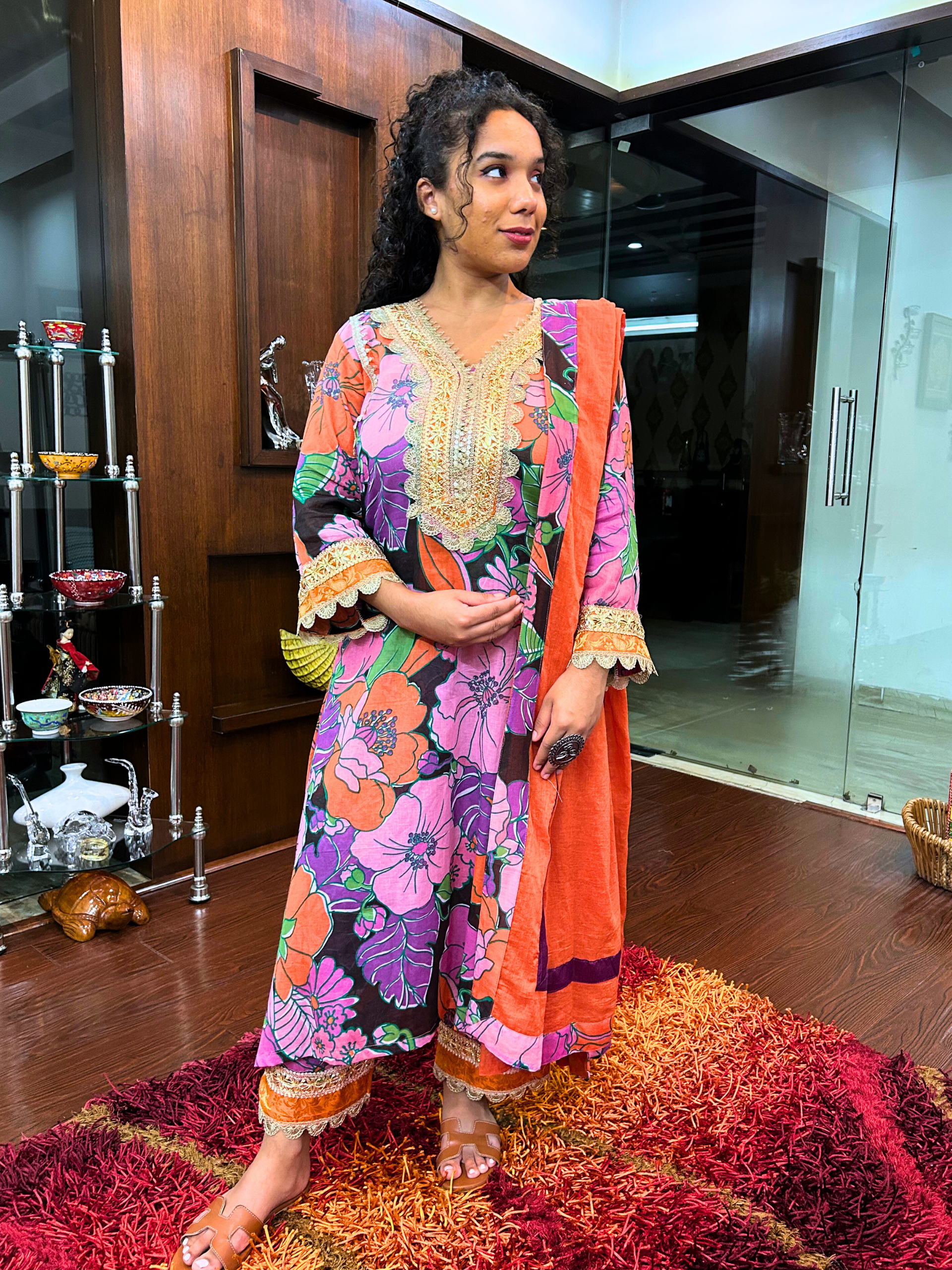 Black Multi Coloured Floral Golden Gota Cotton Stitched Suit Set