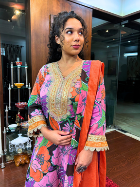 Black Multi Coloured Floral Golden Gota Cotton Stitched Suit Set