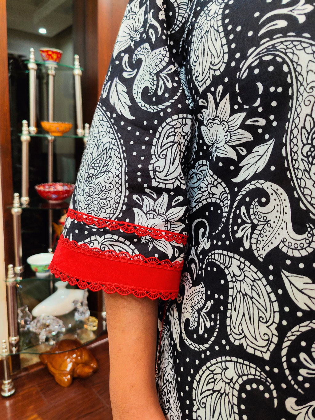 Black Pasiley Handblock Red Lace Cotton Stitched Suit Set