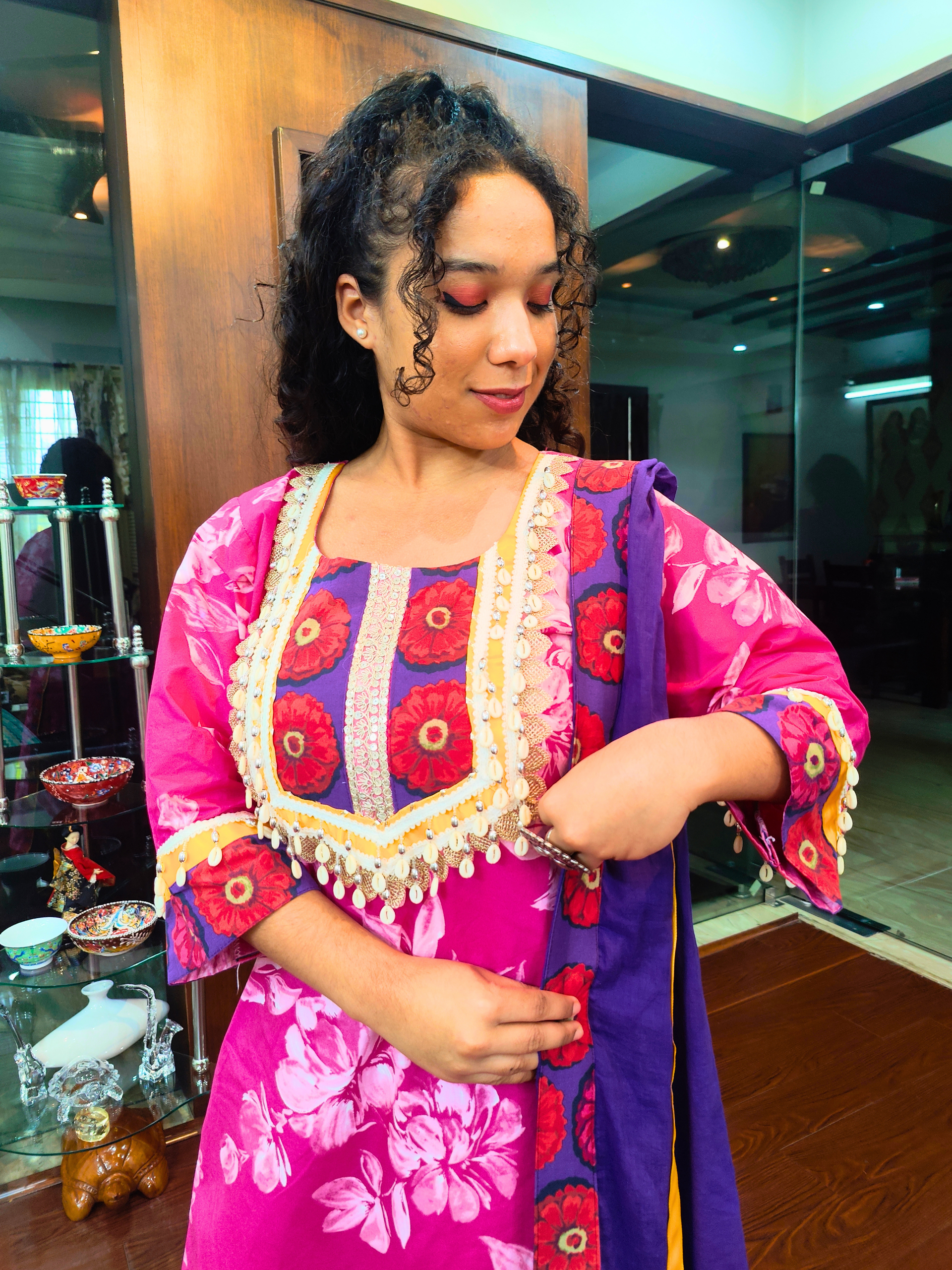 Magenta Digital Printed Yellow Gota Cotton Stitched Suit Set