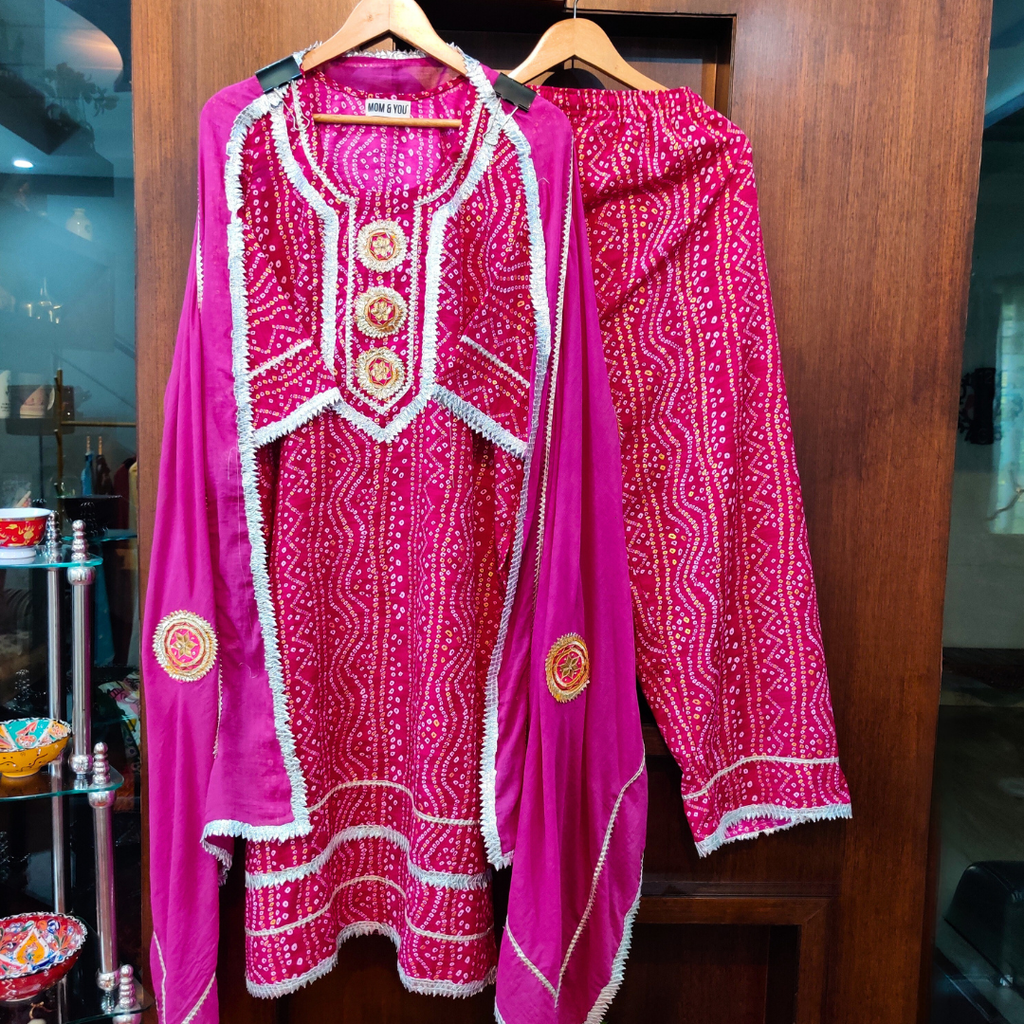 Magenta Bandhej Silver Gota Cotton Stitched Suit Set