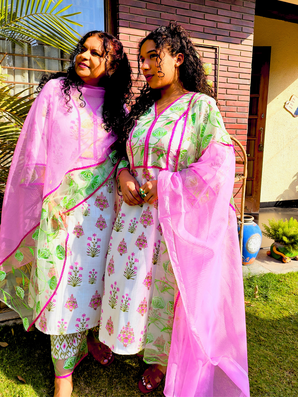 White Digital Printed Green Floral Lace Stitched Suit Set