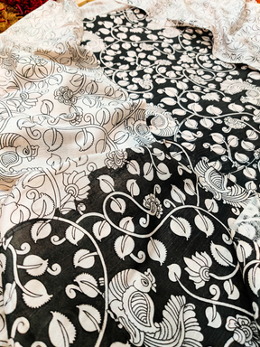Black Madhubani Cotton Silk Unstitched Dress Material Suit Set