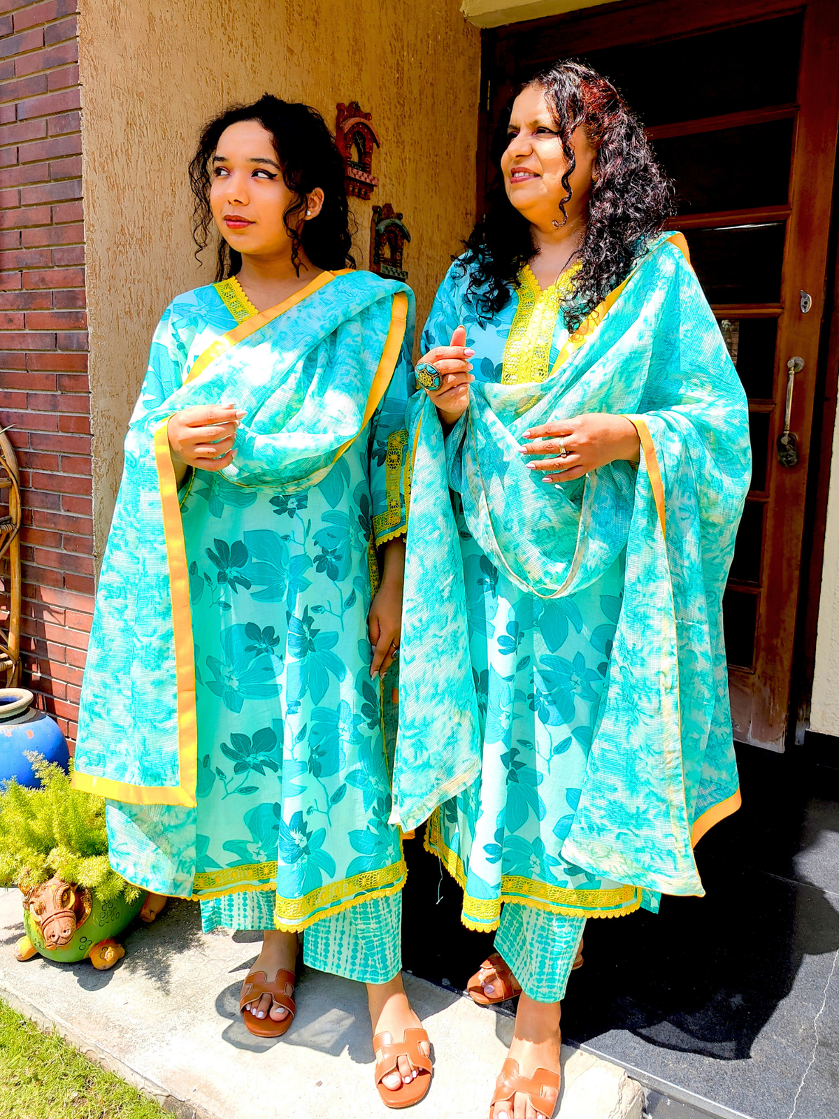Green Blue Cotton Yellow Lace Stitched Suit Set