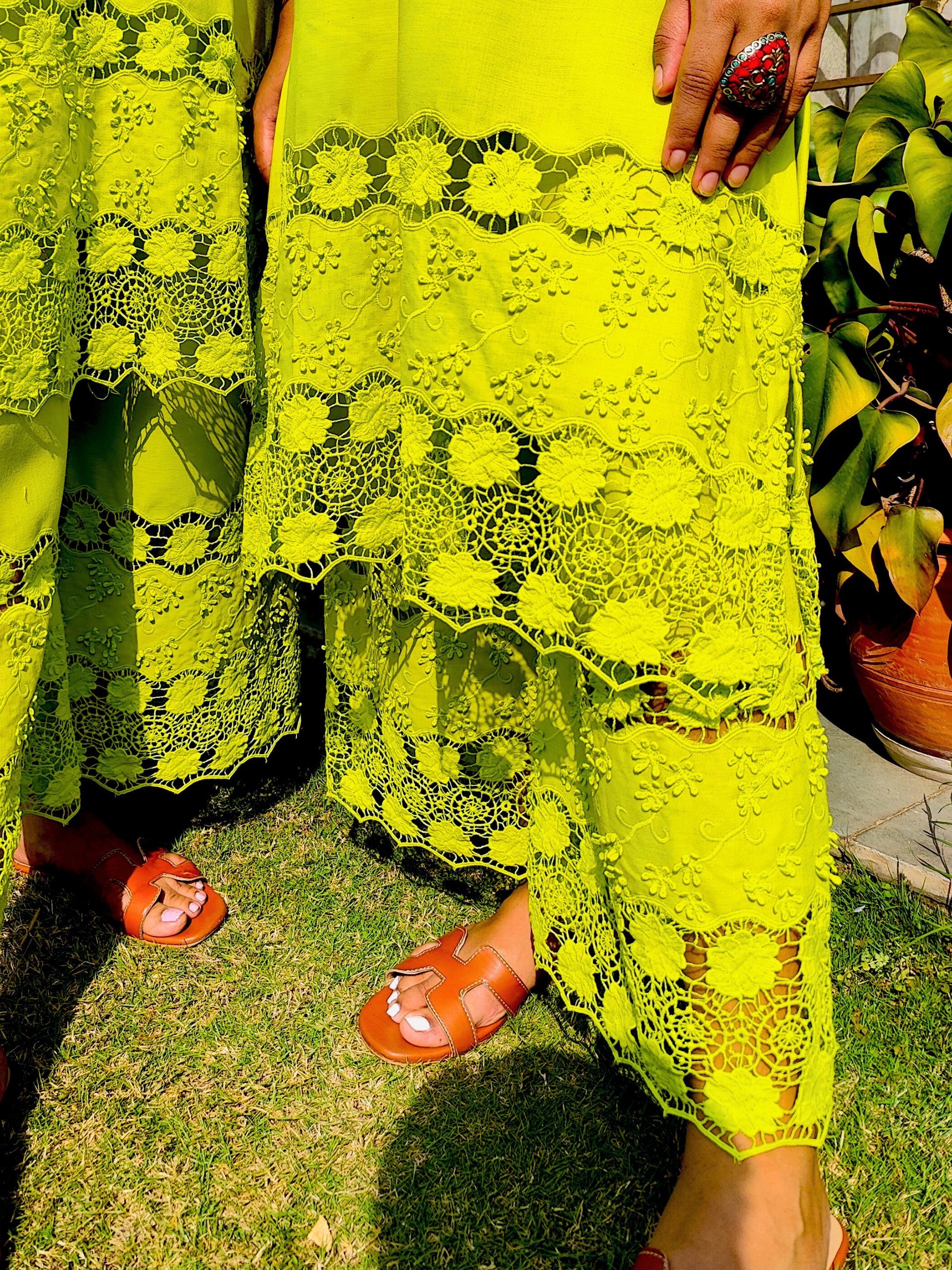 Lime Green Embroidered Cotton Stitched Co-Ord Set