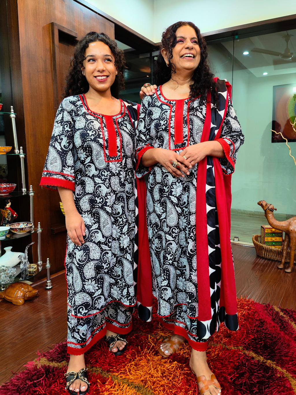 Black Pasiley Handblock Red Lace Cotton Stitched Suit Set