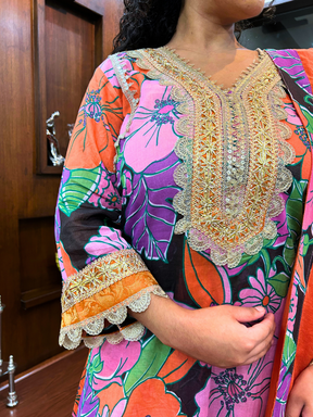 Black Multi Coloured Floral Golden Gota Cotton Stitched Suit Set