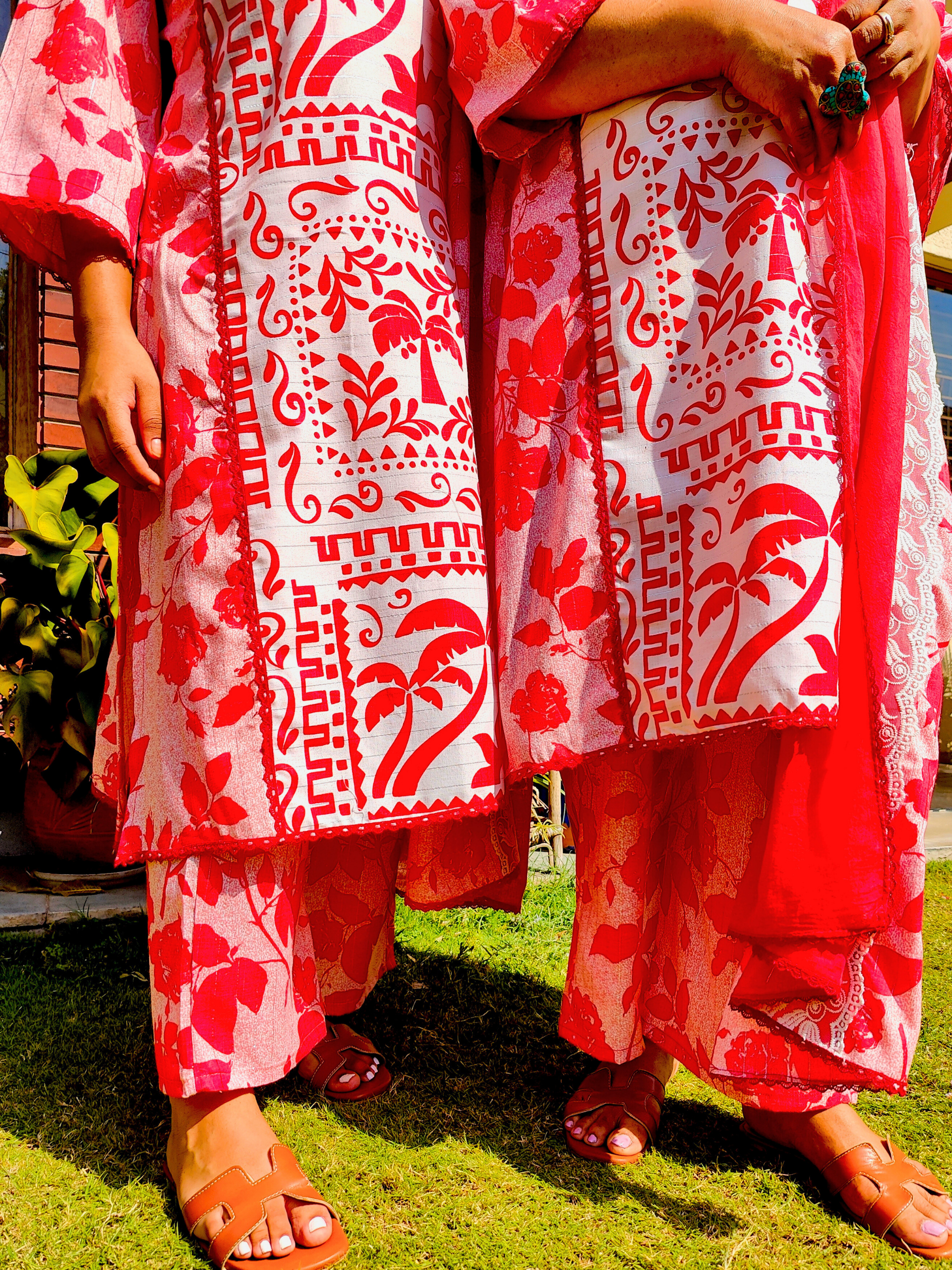 Red and White Digital Printed Cotton Stitched Suit Set