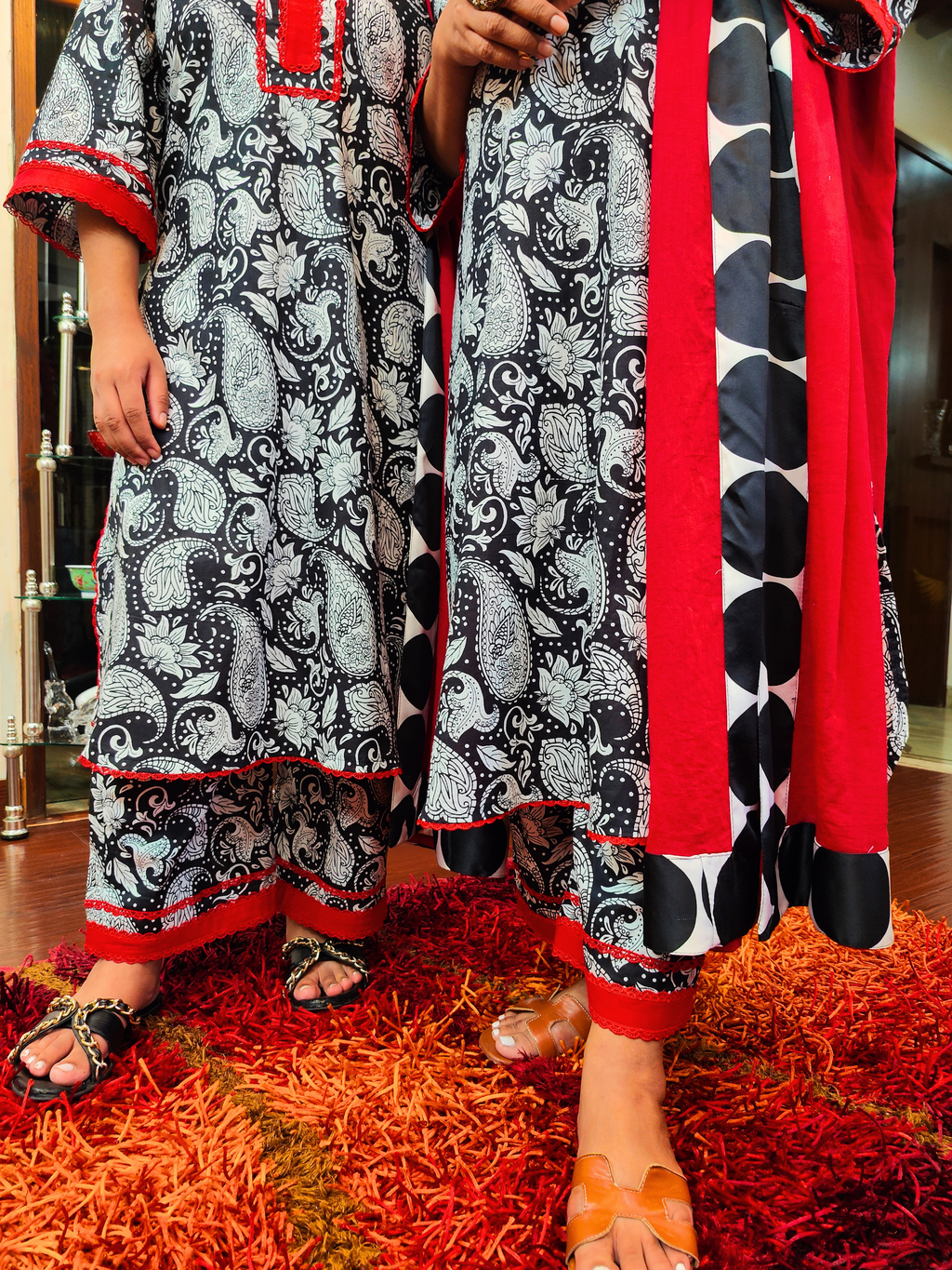 Black Pasiley Handblock Red Lace Cotton Stitched Suit Set