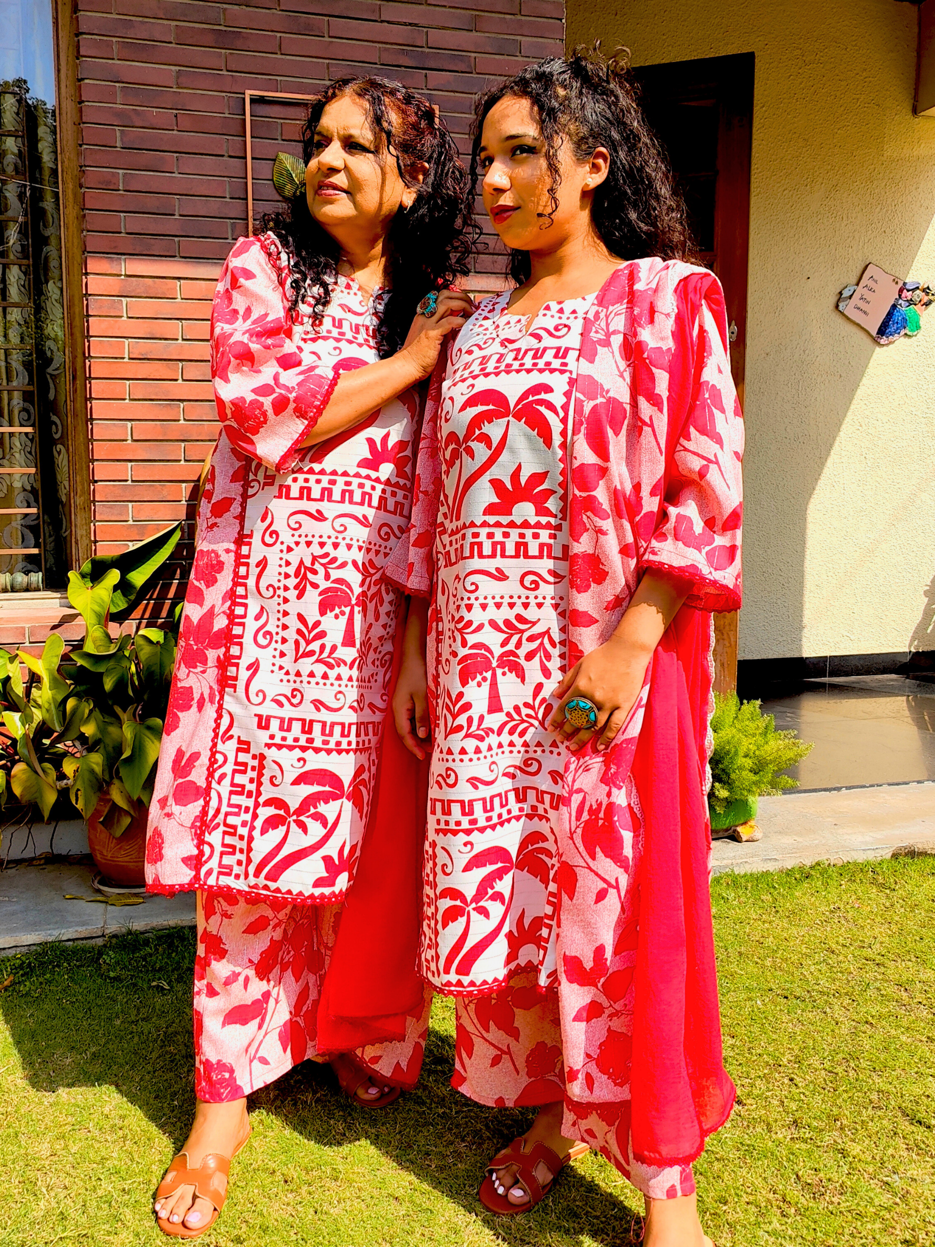 Red and White Digital Printed Cotton Stitched Suit Set