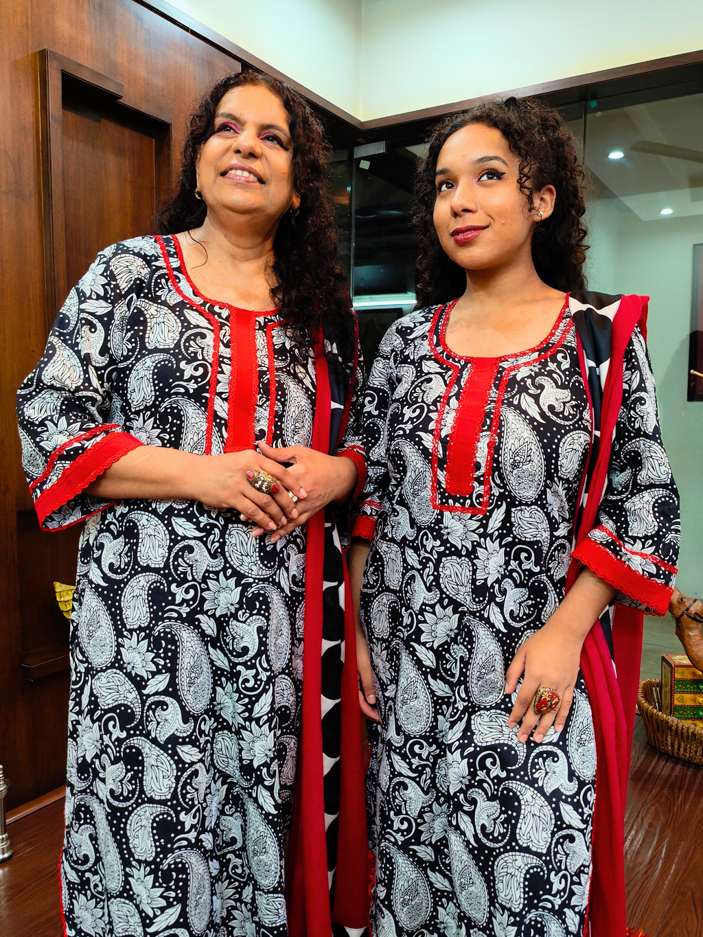 Black Pasiley Handblock Red Lace Cotton Stitched Suit Set